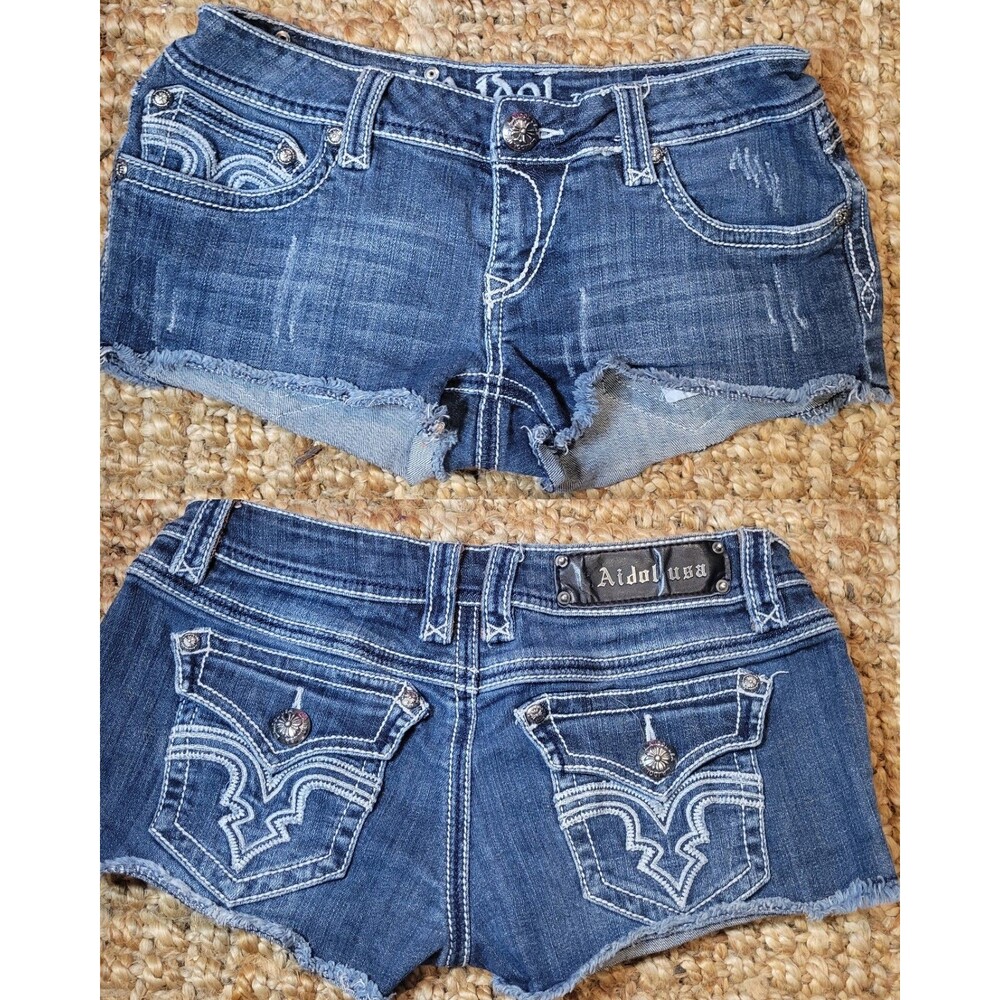 LA Idol Vintage y2k Jean Shorts Micro Mini Rodeo Bling Butt Embroidered Denim M